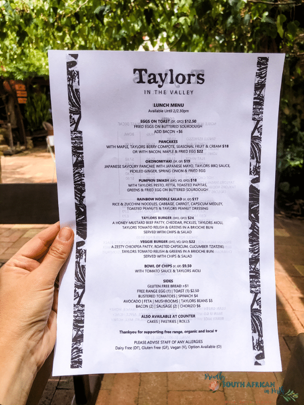 Lunch Menu at Taylors in the Valley